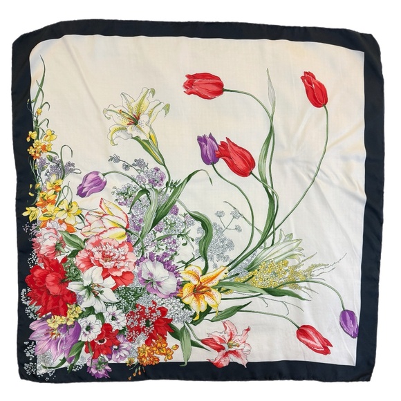 Vintage Silk Floral Scarf | Botanical Garden Print | Hand Rolled Edges - Picture 4 of 8